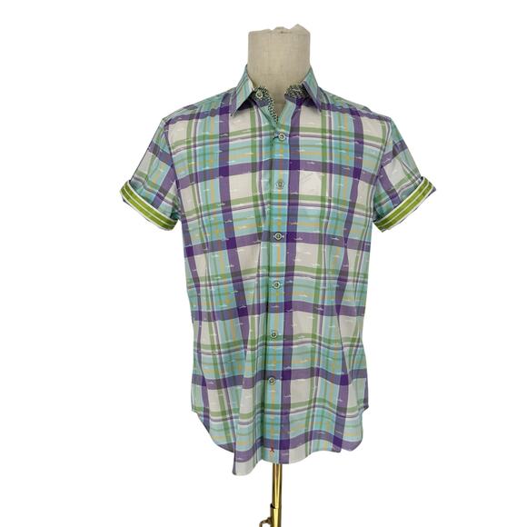 Robert Graham Button Front Short Sleeve Shirt ECUADOR Shark Print Purple Green M - Picture 1 of 10